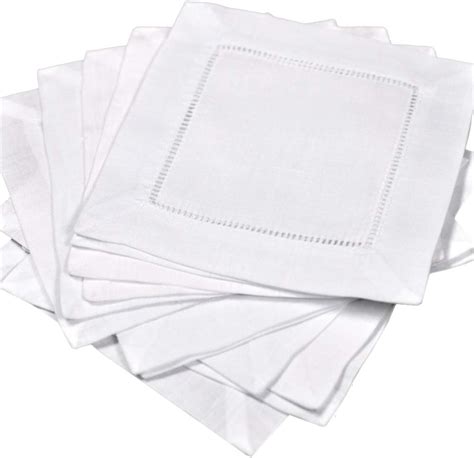 12 White Linen Cocktail Napkins 6x6 Inch Linen Hemstitch Napkins Cloth Cocktail