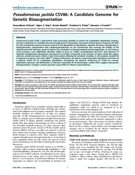 Pdf Pseudomonas Putida Csv86 A Candidate Genome For Genetic