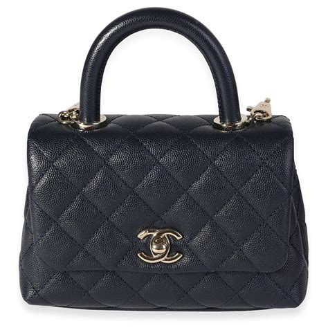 Chanel Navy Quilted Caviar Extra Mini Coco Top Handle Bag Blue Leather