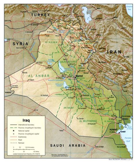 Large political and administrative map of Iraq with relief, roads, railroads and major cities ...