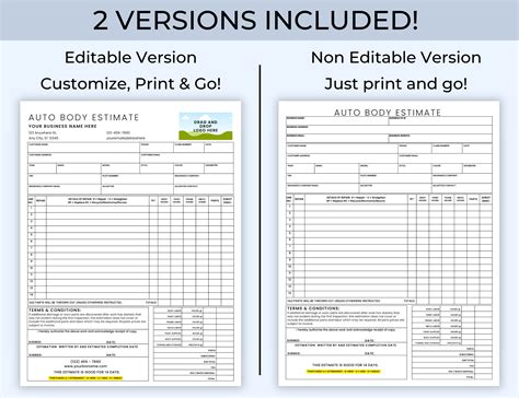 Auto Body Estimate, Editable Estimation Template, Auto Body Repair