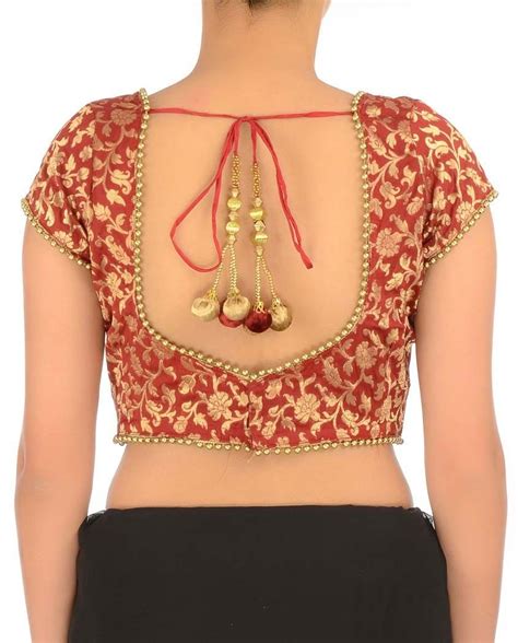 Red Brocade Blouse With Deep Back Nack With Trims Blouse Kanakia