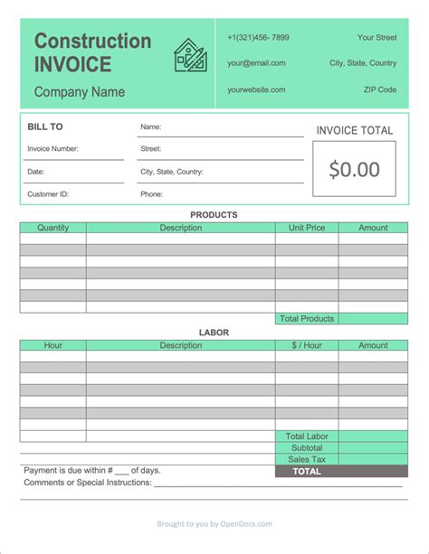 Free Construction Invoice Template Pdf Printable Templates