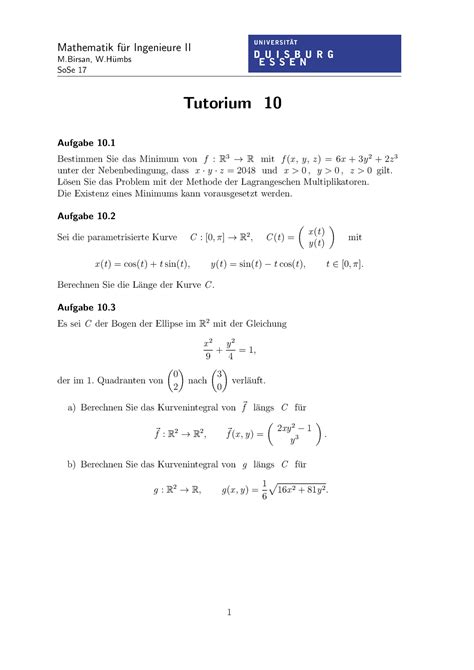 Tutorium Aufgabenstellung Mit Hinweisen 10 Mathematik Fur Ingenieure