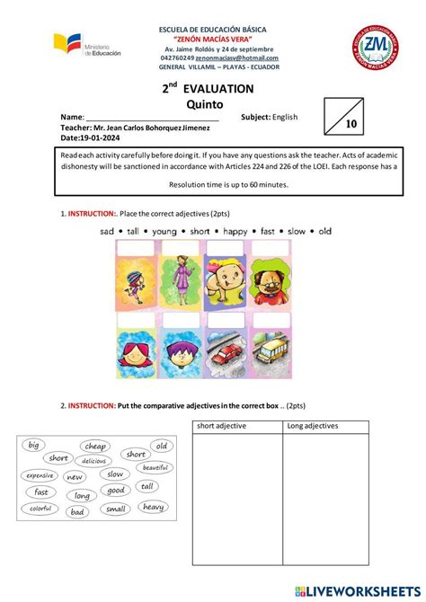 Evaluation 5to Live Worksheets