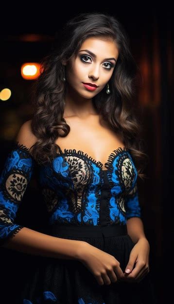 Premium AI Image A Woman In A Blue Dress With A Black Lace On Her Neck