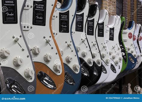 Fender Stratocaster Guitar Display At A Music Store Strats Are World Renowned For Their