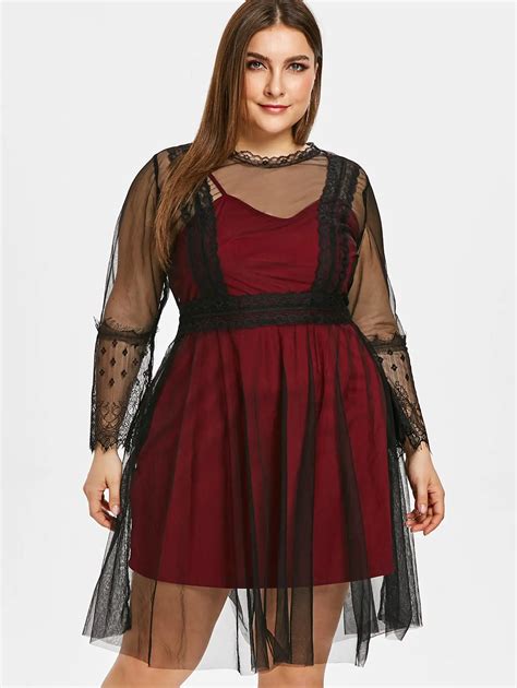 Wipalo Women Plus Size See Through Lace Panel A Line Dress Long Sleeves