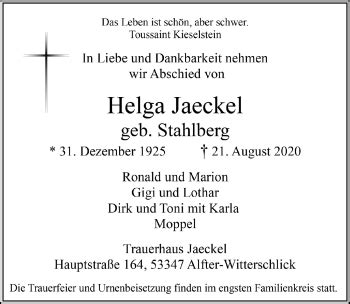 Traueranzeigen Von Helga Jaeckel WirTrauern