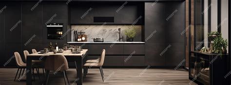 Premium Photo | Modern kitchen with wood flooring and black appliances