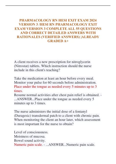 PHARMACOLOGY RN HESI EXIT EXAM 2024 VERSION 3 HESI RN PHARMACOLOGY