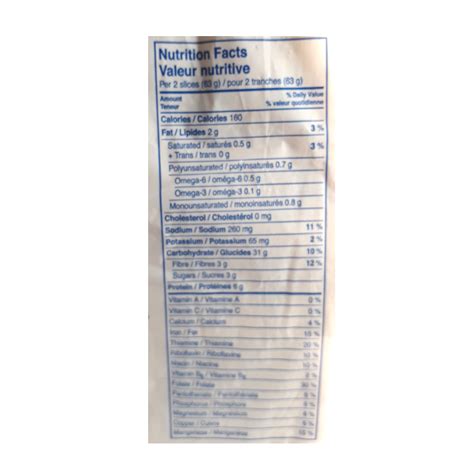 Wonder White Bread Nutrition Label