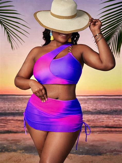 Shein Swim Vcay Plus Ombre Ring Linked One Shoulder Bikini Swimsuit