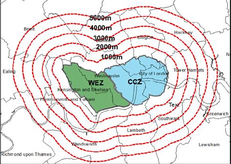 The London Congestion Charge Zone Ccz And Wez And 1 Kilometre Buers