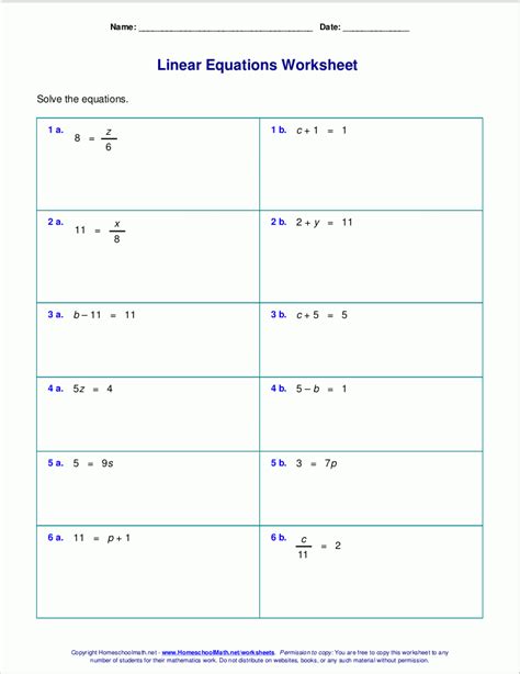 Solutions To Linear Equations Worksheet