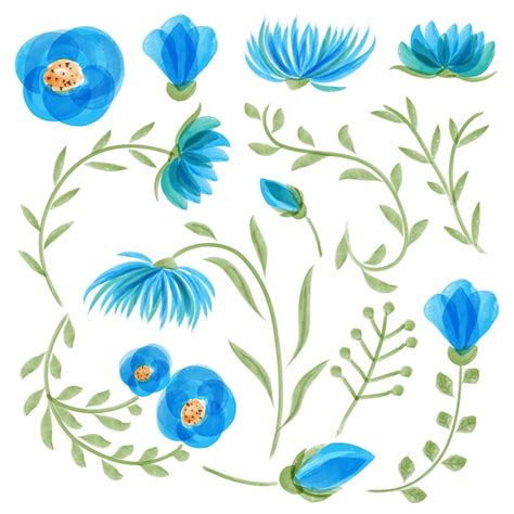 Colección floral de acuarela azul con hojas y flores Vector Gratis