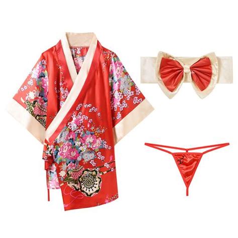 Jual Lingerie Wanita Sexy Sifon Kimono Jepang Baju Tidur Set G String A Merah A All