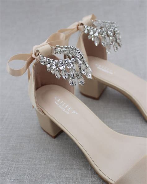 Champagne Satin Block Heel Sandal With Embellished Dangled Rhinestones