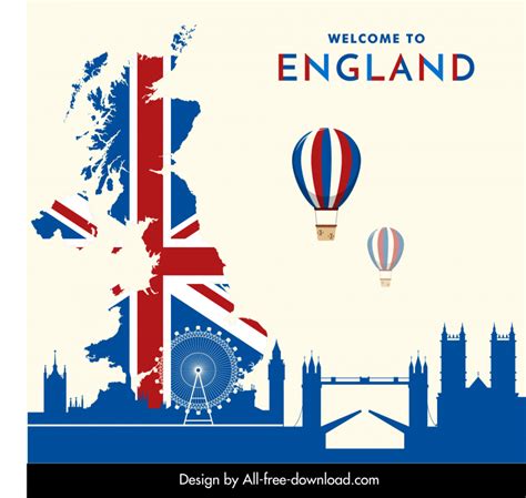 England Advertising Banner Famous Landmarks Sketch Flat Silhouette