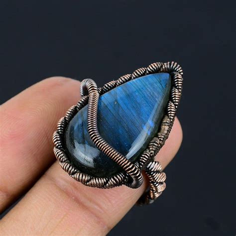 Acquista Labradorite Gemstone Copper Wire Wrapped Handmade Jewelry Ring