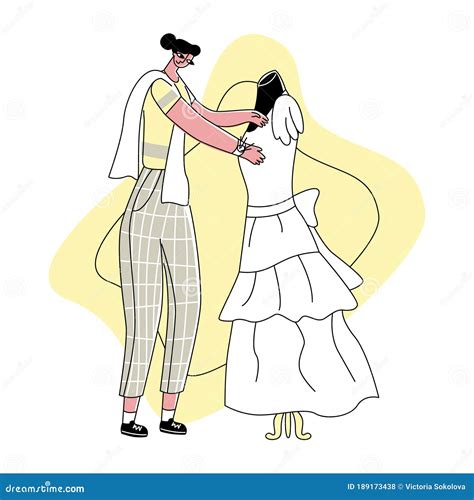 Vector Seamstress Works with a Wedding Dress Stock Illustration