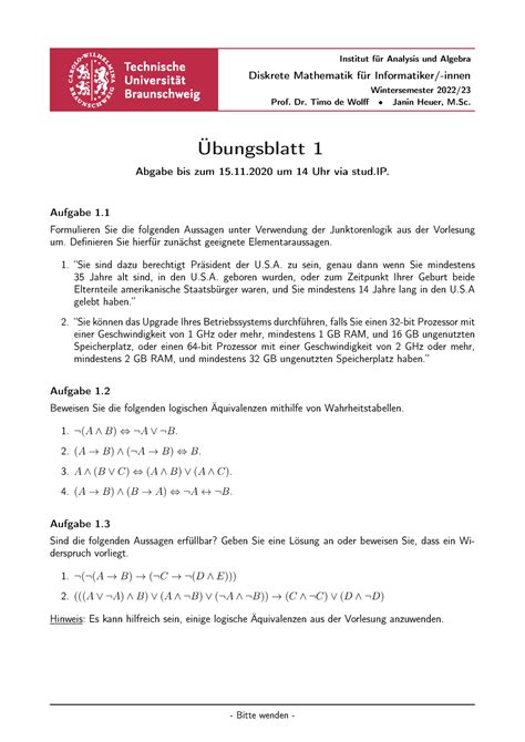 Exercise Wintersemeste Institut F R Analysis Und Algebra Diskrete