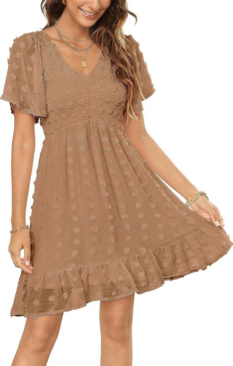 Womens 2024 Summer Smocked Dress Short Flutter Sleeve V Neck Dot