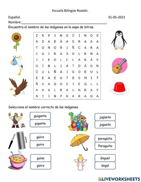 Ge gi gue gui güe y güi worksheet Actividades con la letra g