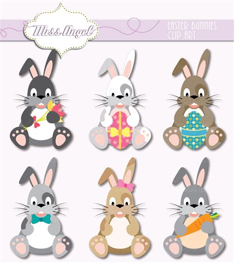 Easter Bunnies Clipart. 6 Easter bunny. Grey rabbit with egg