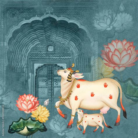 Indian pichwai art illustration cow and calf painting Stock ...