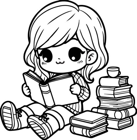 A Cute Girl Reading Book Coloring Page Line Art Vector 36355853 Vector ...