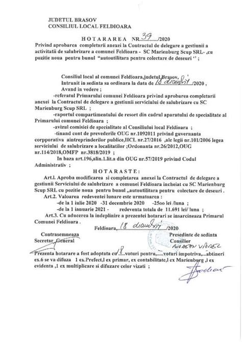 Hot R Rea Nr Privind Aprobarea Complet Rii Anexei La Contractul De Delegare A Gestiunii