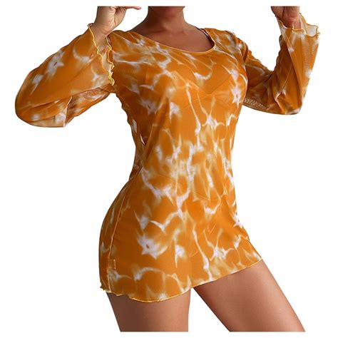 WREESH Womens Swimsuit Coverup Long Sleeve Beach Cover Up Dress Printed Bikini Straps Bikini