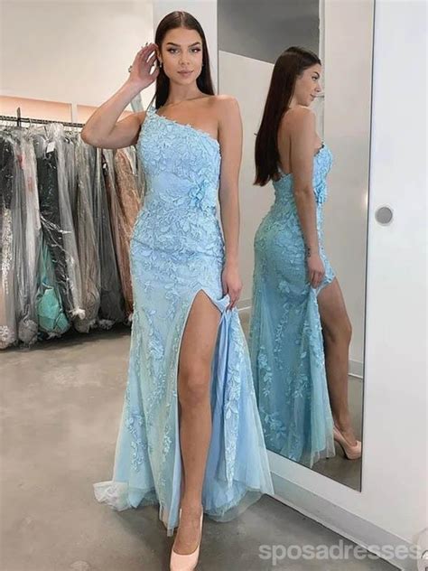 Sexy Blue Sheath One Shoulder High Slit Long Prom Dresses Online 12674