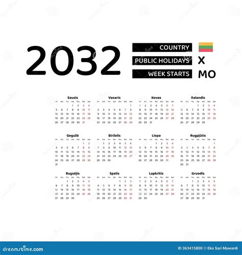 Calendar 2032 Lithuanian Language With Lithuania Public Holidays. Week