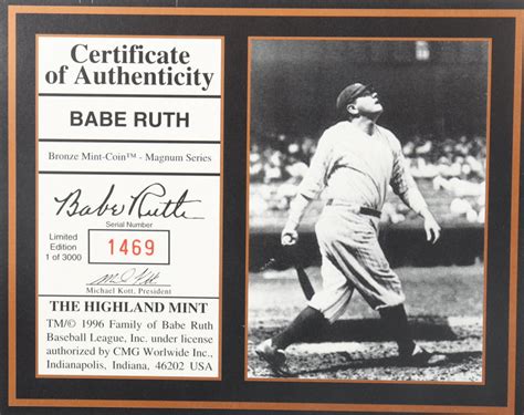 Babe Ruth Le Highland Mint Bronze Coin In Case Pristine Auction