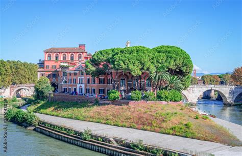 Tiber Island In Rome Italy With The Fatebenefratelli Hospital And