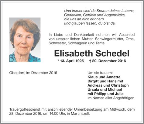 Traueranzeigen Von Elisabeth Schedel Augsburger Allgemeine Zeitung