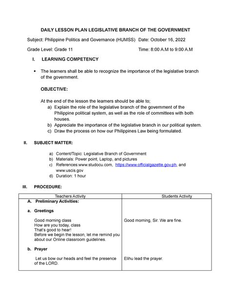 Daily Lesson Plan Final DAILY LESSON PLAN LEGISLATIVE BRANCH OF THE