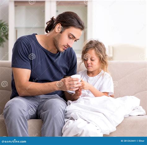 Father Taking Care of His Ill Daughter Stock Image - Image of girl