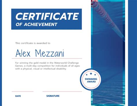 Swimming Contest Achievement With Blue Pool Online Certificate Template