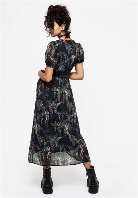 Wisteria Floral Print Chiffon Midi Wrap Dress Disturbia