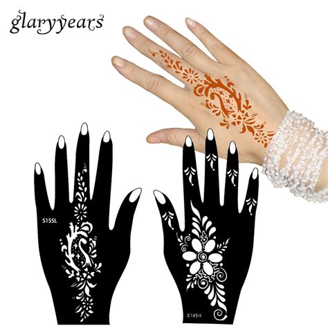 Glaryyears 3 Pairs Wanita Tangan Jari Art Bunga Desain Tato Stensil