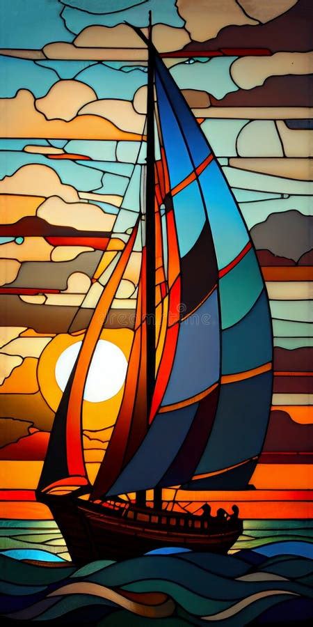 Stained Glass Sailboat At Ocean Sunset Stock Illustration