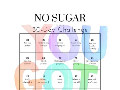 30 Day No Sugar Challenge Countdown Calendar Tracker Printable Sugar