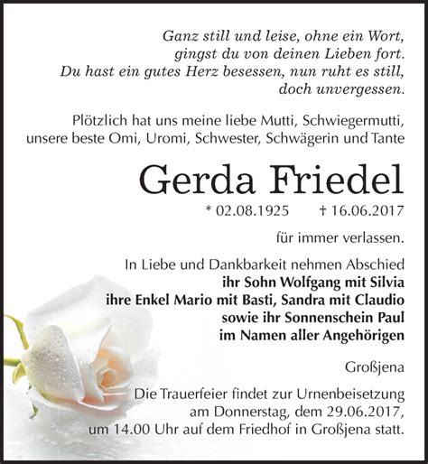 Traueranzeigen Von Gerda Friedel Abschied Nehmen De