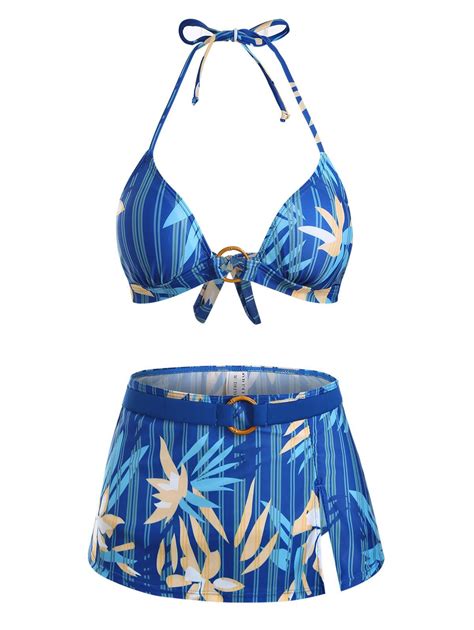 Off Striped Flower O Ring Tie Side Three Piece Bikini