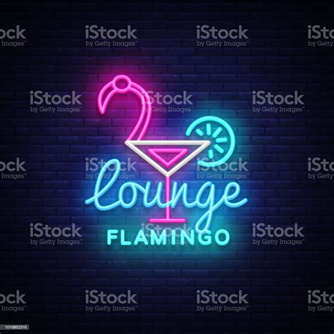 Cocktail Lounge Neon Sign Vector Flamingo Concept Design Template Neon Sign Summer Light Banner