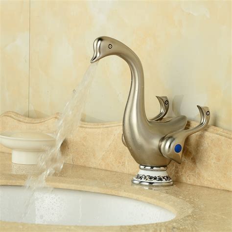 Brushed Nickel Dual Handle Duck Shape Basin Vessel Sink Faucet Deck Mount Bathroom Hot Cold
