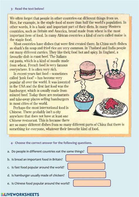 Food Around The World Worksheet Reading Comprehension Reading